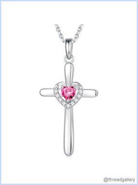 Cross Necklace 925 Sterling Silver Heart Birthstone Pendant 19-21 Inch Chain